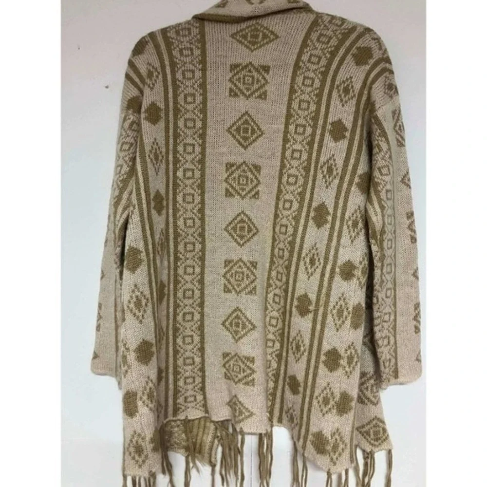 DESERT NOMAD Boho Aztec Fringe Cardigan Sweater Open Front‎ EARTHTONE Womens M